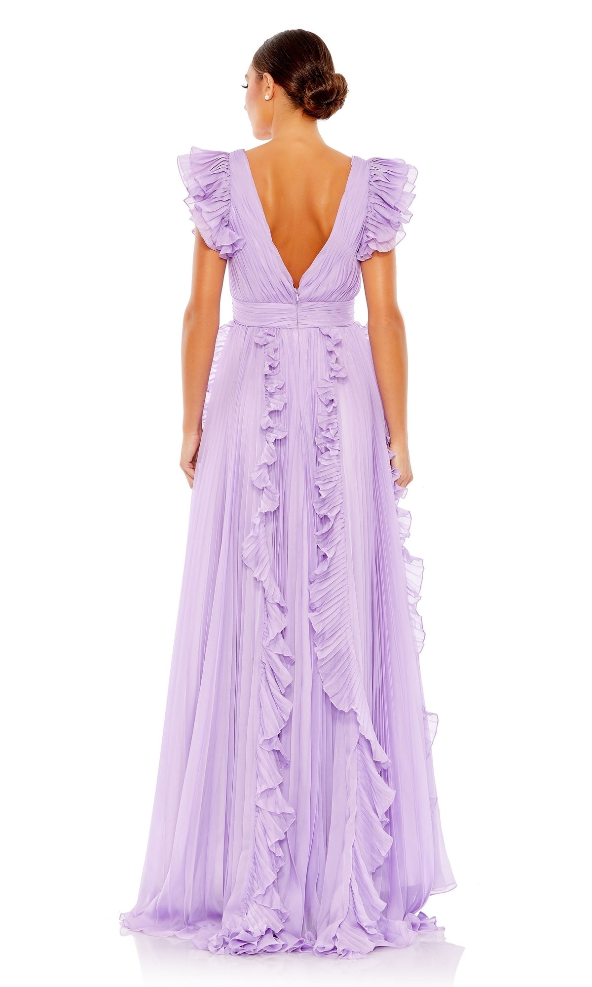 Woman wearing the Mac Duggal Ruffle-Sleeve Long Formal Dress 49539—a floor-length, light purple gown with ruffled sleeves, a deep V-back, and cascading ruffles down the back and skirt for a stunning formal look.